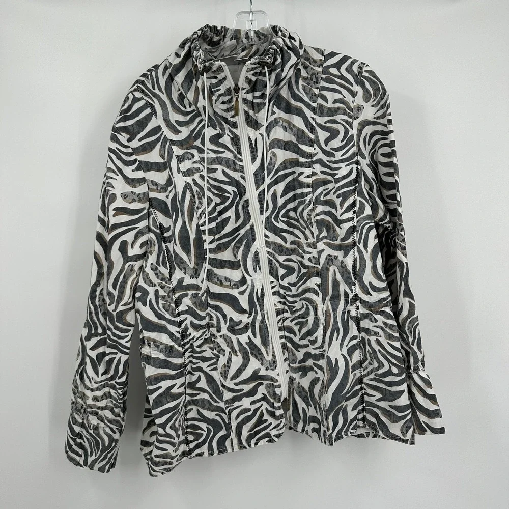 Chicos Womens Zebra Print Zip Up Jacket Size 3 US XL Ruffle Collar Metallic Bold